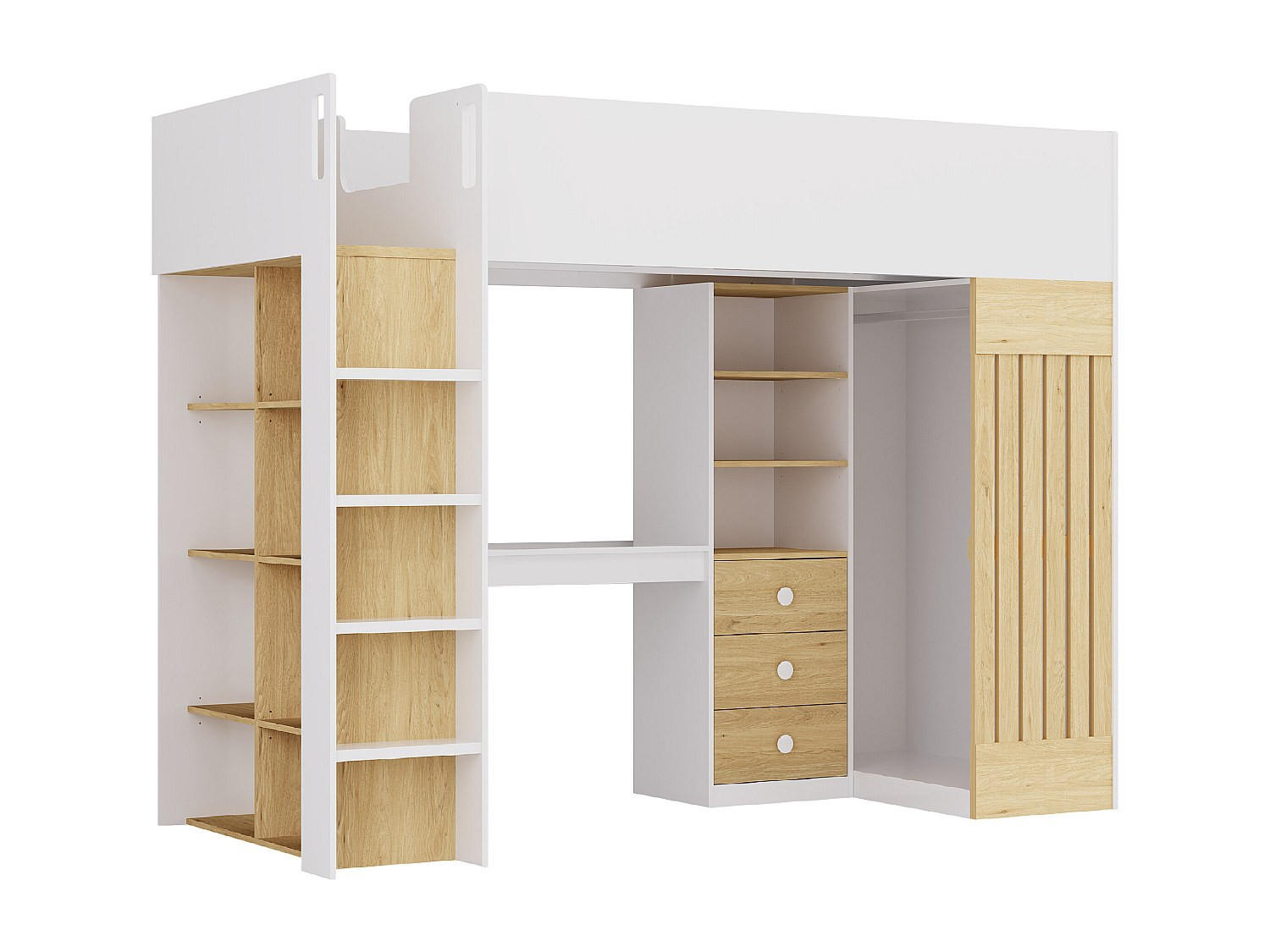 HOCHBETT mit Schreibtisch & Kleiderstange - 90 x 190 cm - Weiß & Holzfarben - LORINTI - Naturfarben, Holz (108.5/235cm) - Vente-Unique