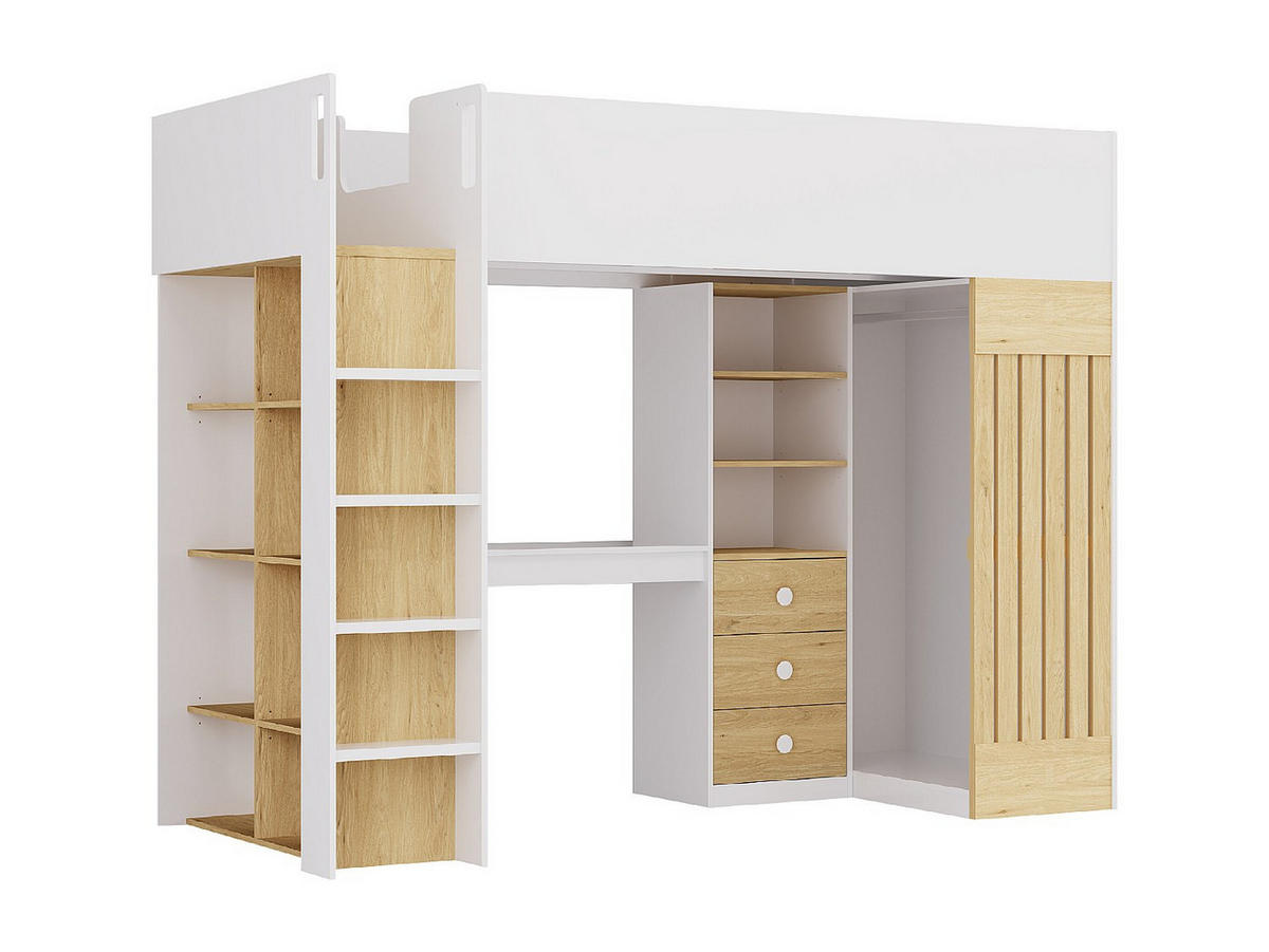 HOCHBETT mit Schreibtisch & Kleiderstange + Matratze - 90 x 190 cm - Weiß & Holzfarben - LORINTI - Naturfarben, Holz (108.5/235cm) - Vente-Unique