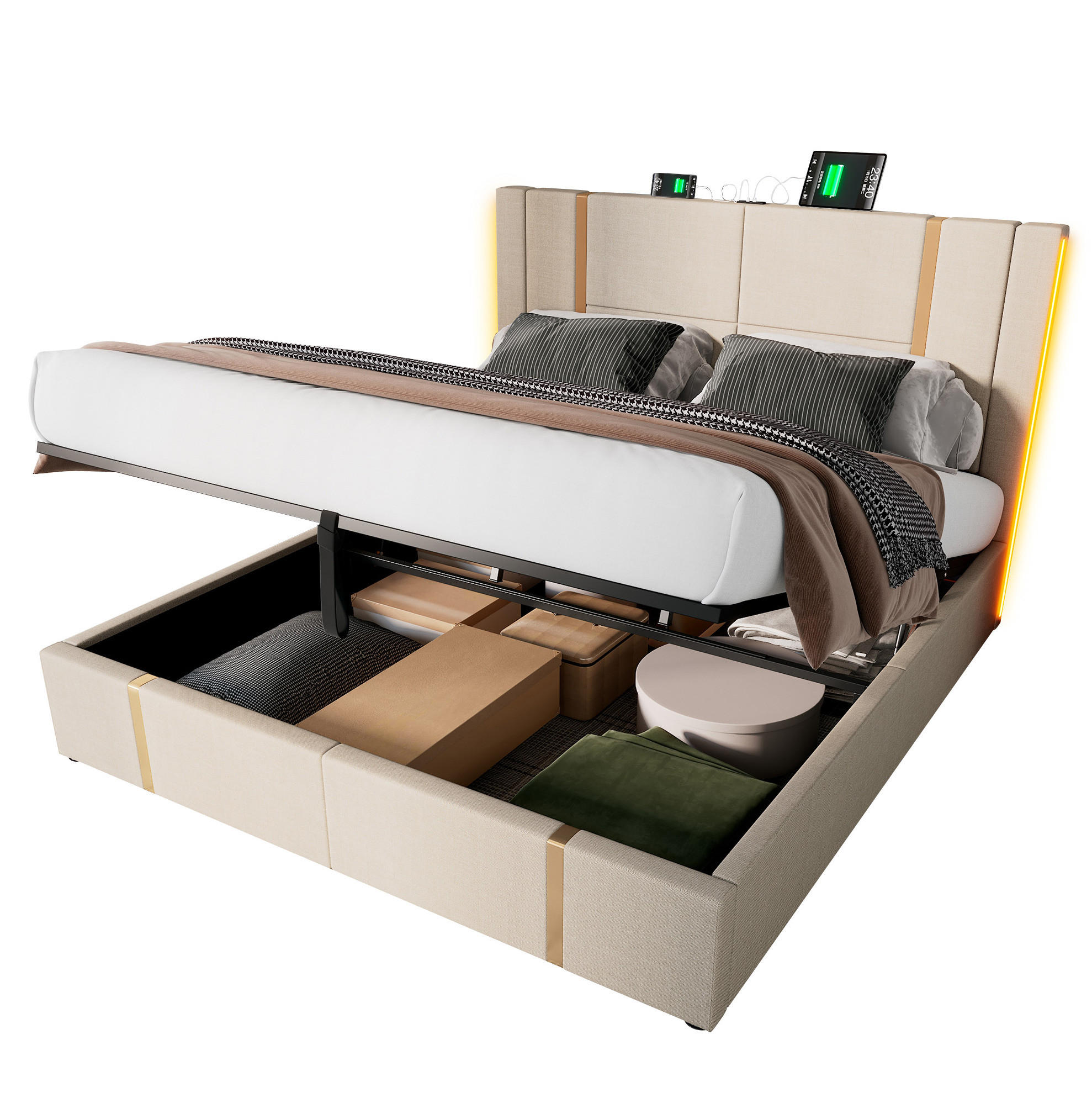 POLSTERBETT 160/200 cm Beige aus Leinen mit LED und Stauraum - Beige, Textil (160/200cm) - OKMYHOME