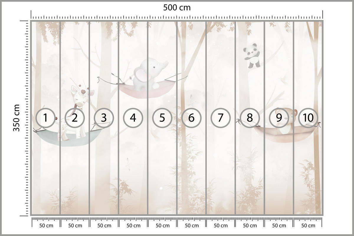 FOTOTAPETE für Kinderzimmer Tiere Hängematten WALD Elefant Giraffe 500x350 - Beige/Schwarz, Papier (500/350cm) - Muralo