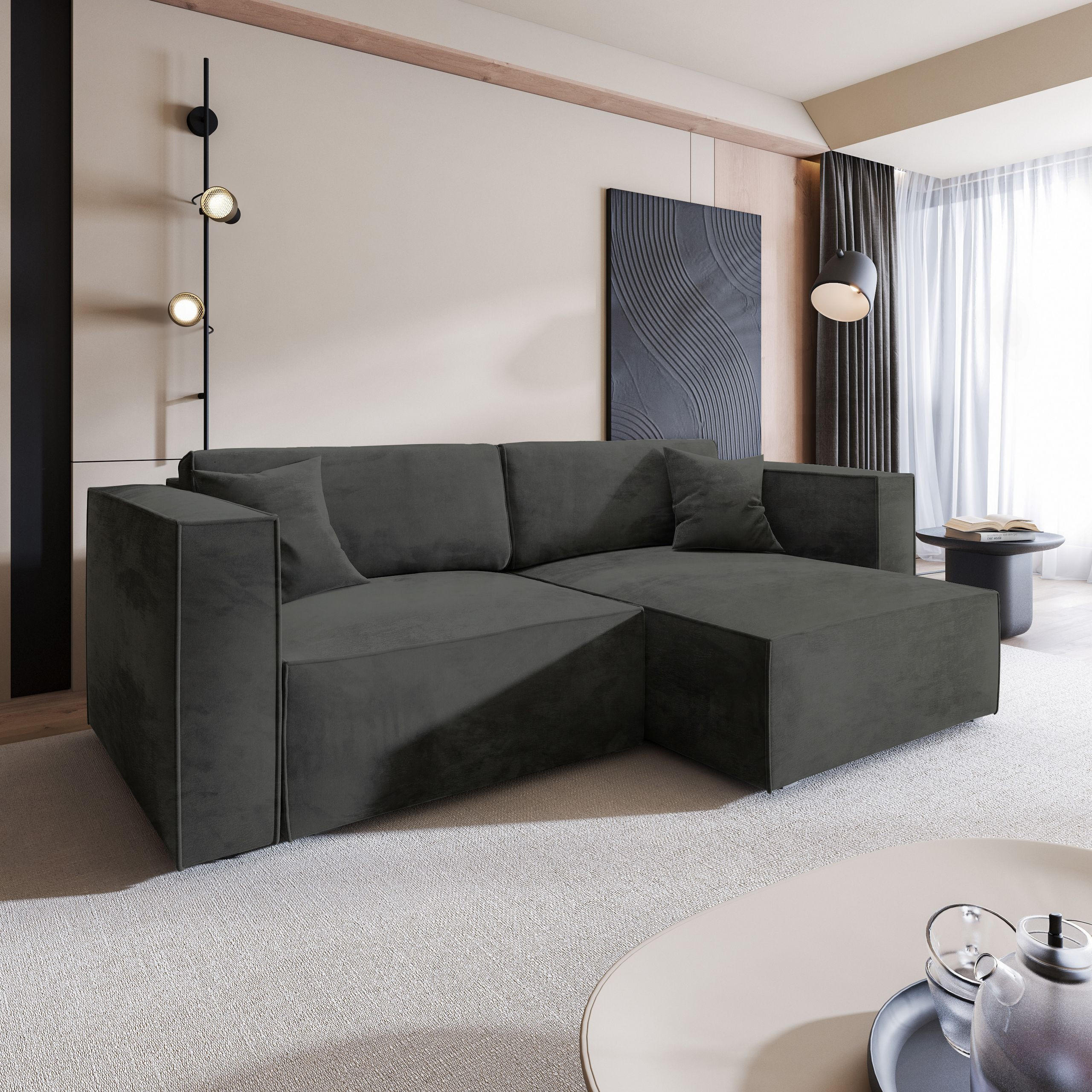 ECKSOFA NERIO M Schwarz Velours-Stoff mit Schlaffunktion - Schwarz, Holz (245/148cm) - MASSENO