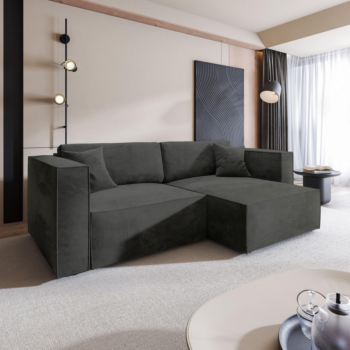 ECKSOFA NERIO M Schwarz Velours-Stoff mit Schlaffunktion - Schwarz, Holz (245/148cm) - MASSENO