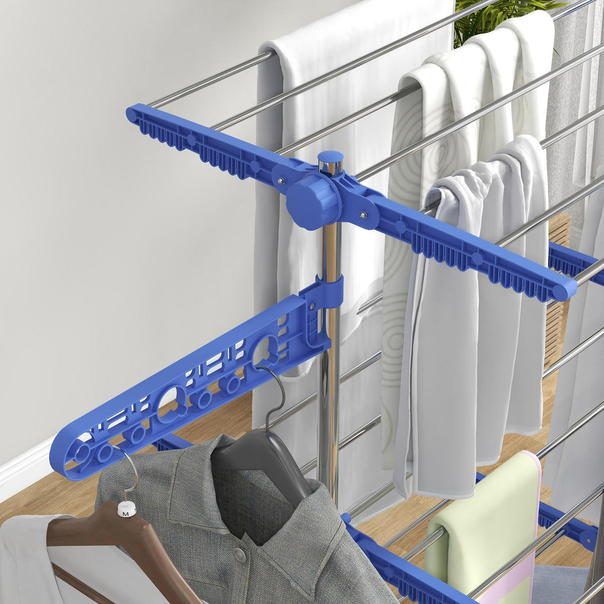 WÄSCHESTÄNDER DE-09792 4 Ebenen klappbar mit 6 Rollen Blau+Silber - Blau, Metall (142/152/55cm) - ComfortXL