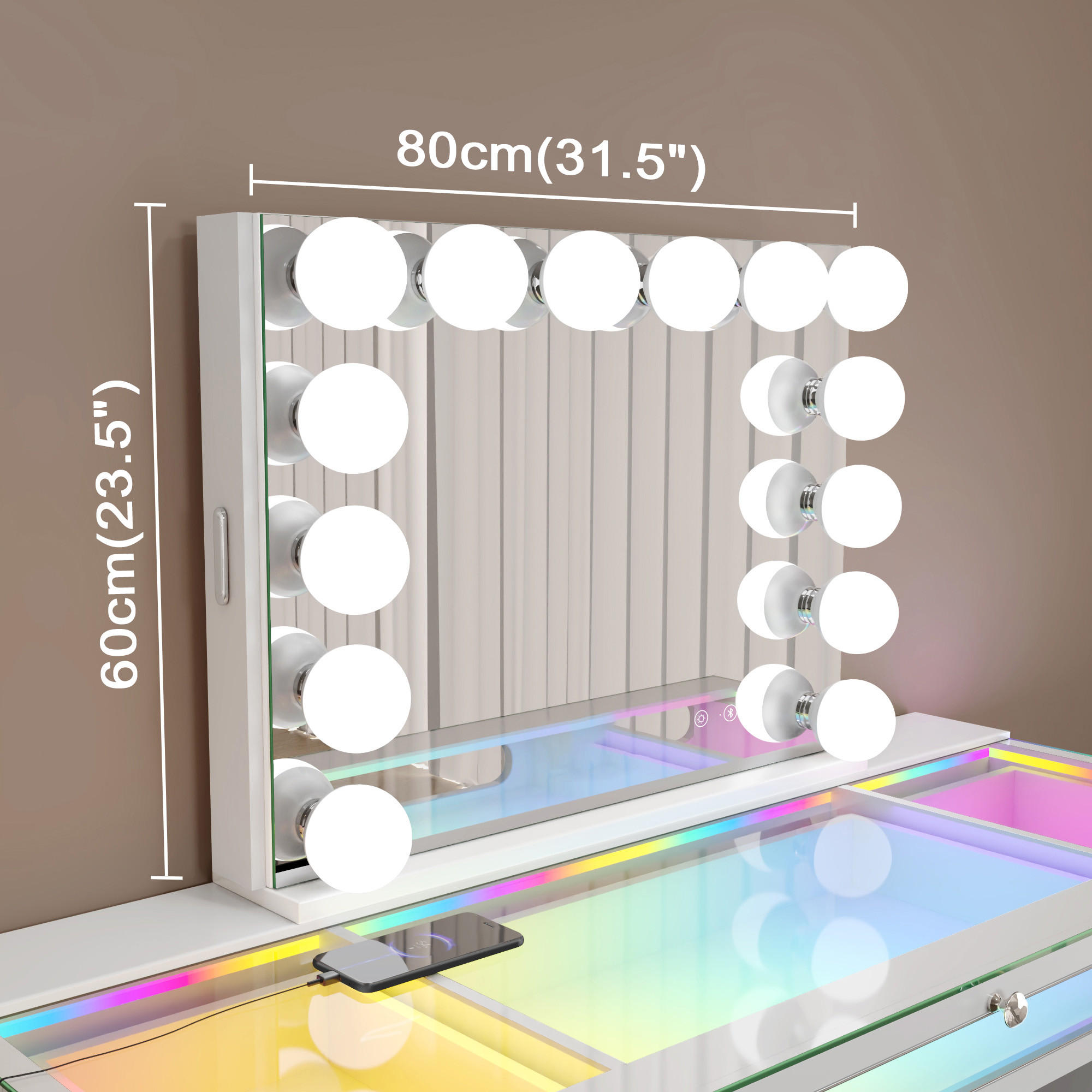 SCHMINKSPIEGEL mit LED-Beleuchtung und Bluetooth weiß 80/60 cm Extra große Glühbirne - Weiß, Metall (80/60/10cm) - VANITII
