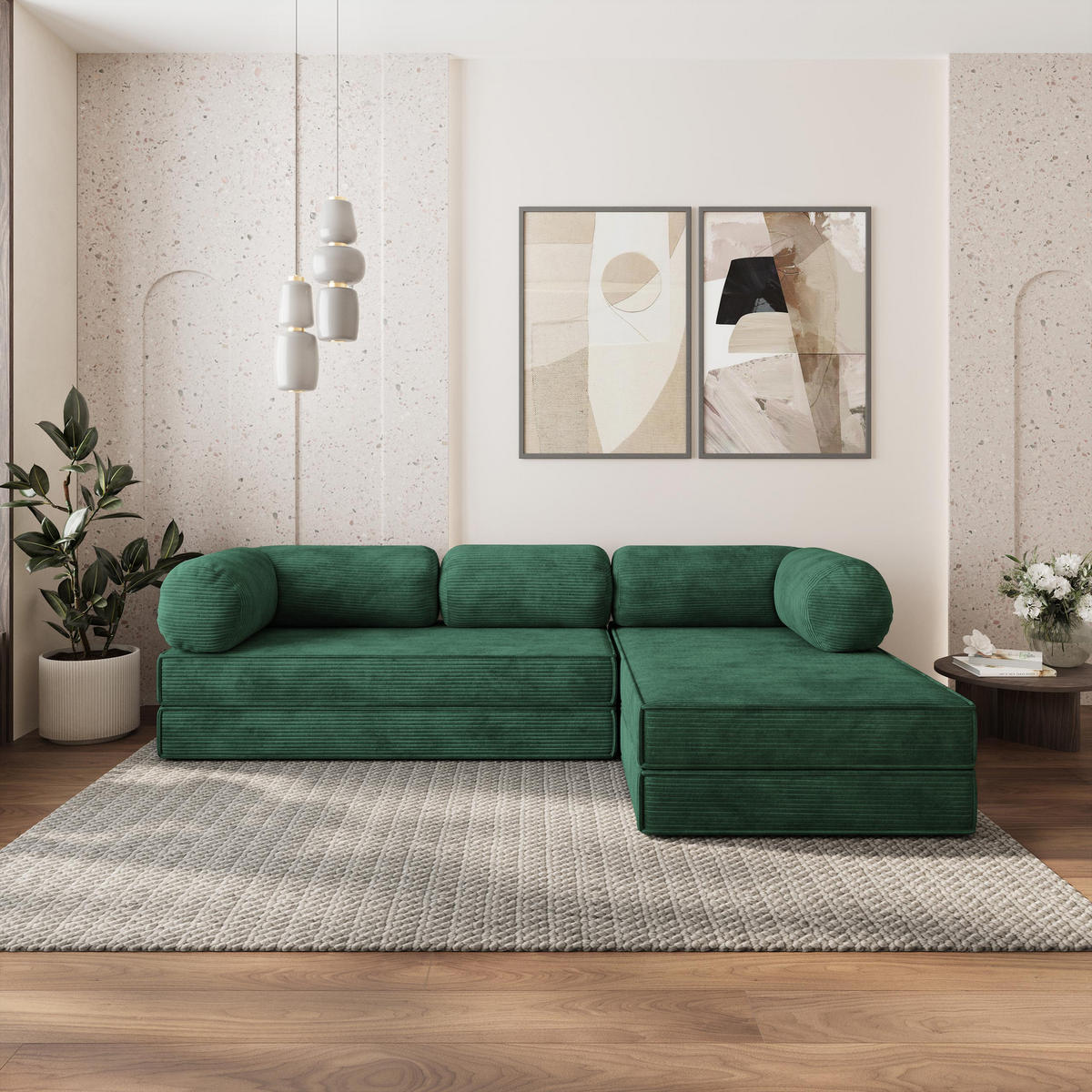 ROHOVÁ SEDAČKA ETERA modulární Boneless pohovka s funkcí spaní, zelená barva POSO 14 - zelená barva, textil (270/160cm) - MASSENO
