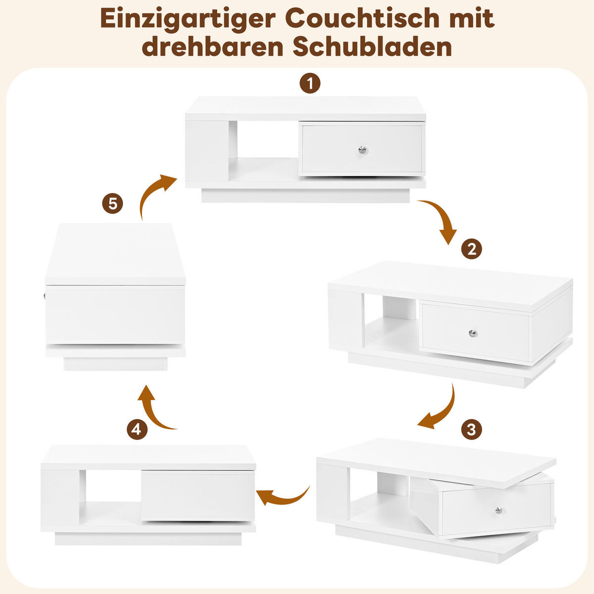 COUCHTISCH mit drehbarer Schublade und offenem Fach - Weiß, Holzwerkstoff (48/90/35cm) - FLIEKS