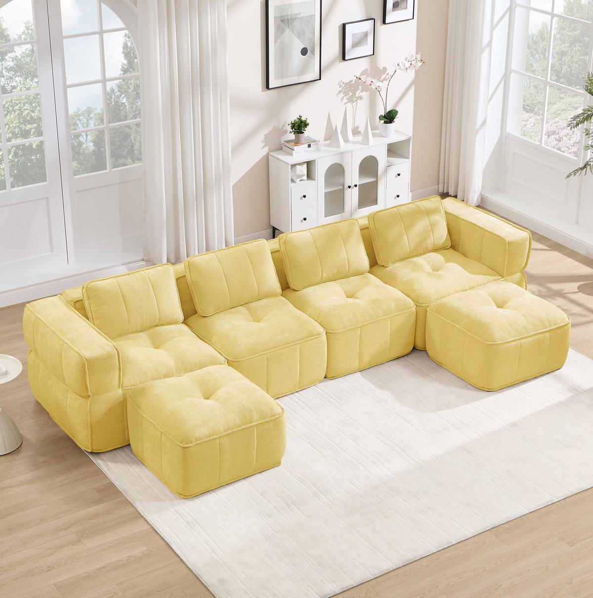 WOHNLANDSCHAFT 344/162/67 cm in Gelb aus Polyester mit Hocker und rutschfester Basis - Gelb, Kunststoff (162/67/344cm) - Flora Grace