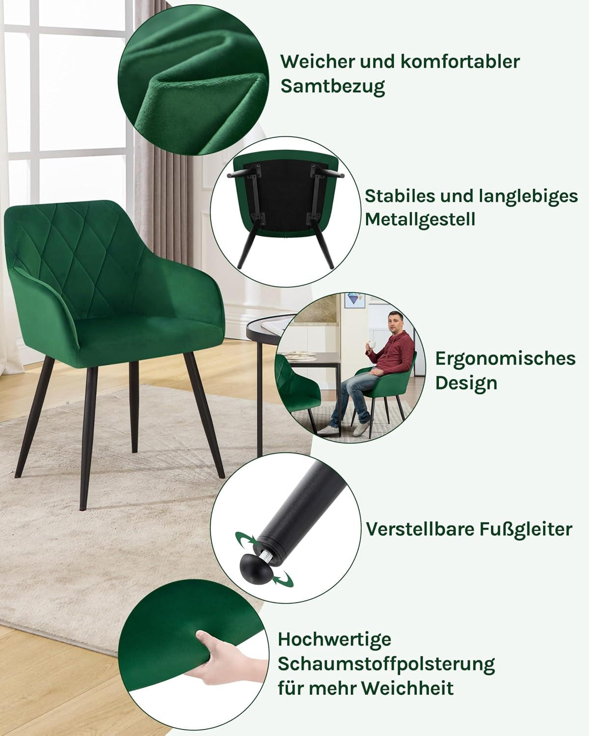 ESSZIMMERSTÜHLE 6er Set, Küchenstühle gepolstert mit Armlehnen, Dunkelgrün - Dunkelgrün, Kunststoff/Textil (44.5/79/46.5cm) - Woltu