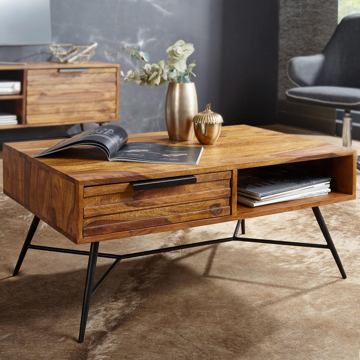 COUCHTISCH Massivholz Industrial-Design mit einzigartiger Maserung, 87x55x41cm - Schwarz/Braun, Holz/Metall (55/87/41cm) - KADIMA DESIGN
