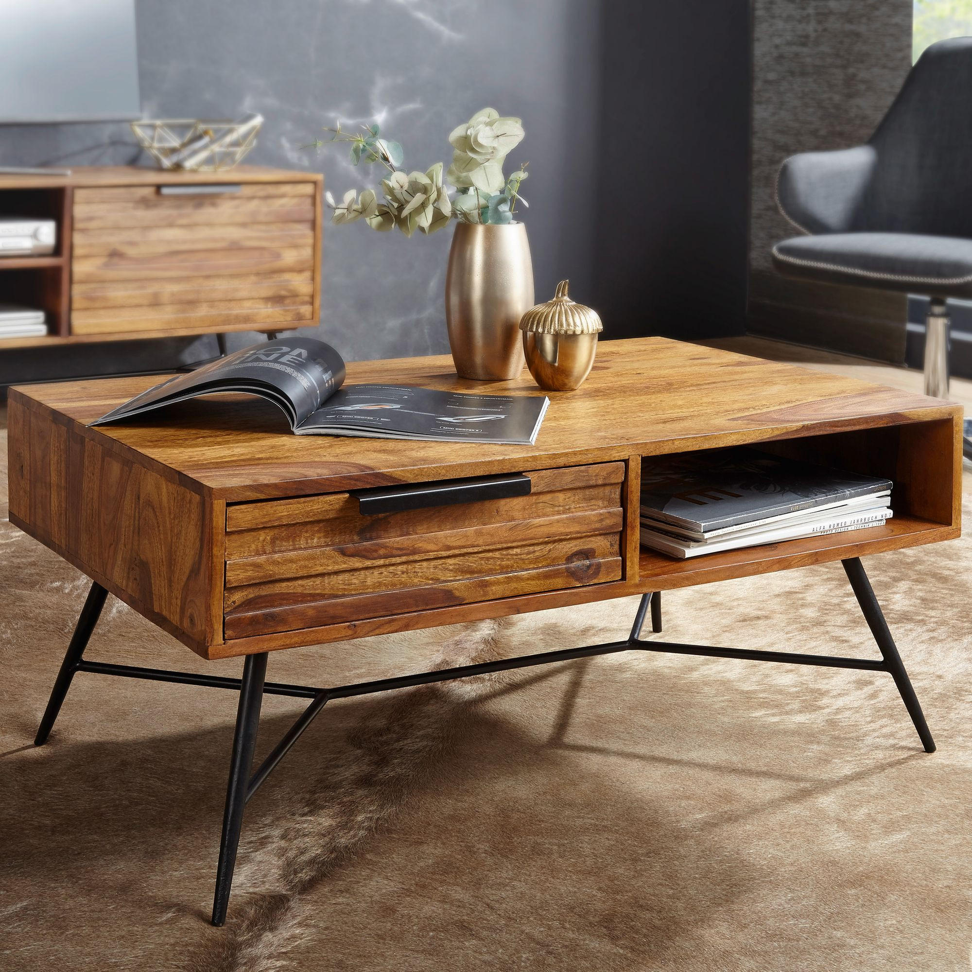 Thumbnail - Kadima Design Couchtisch, Braun, Metall, Echtholz,Sheesham, 1 Schubladen, Rechteckig,Rechteckig, Stativgestell, 87x41x55...