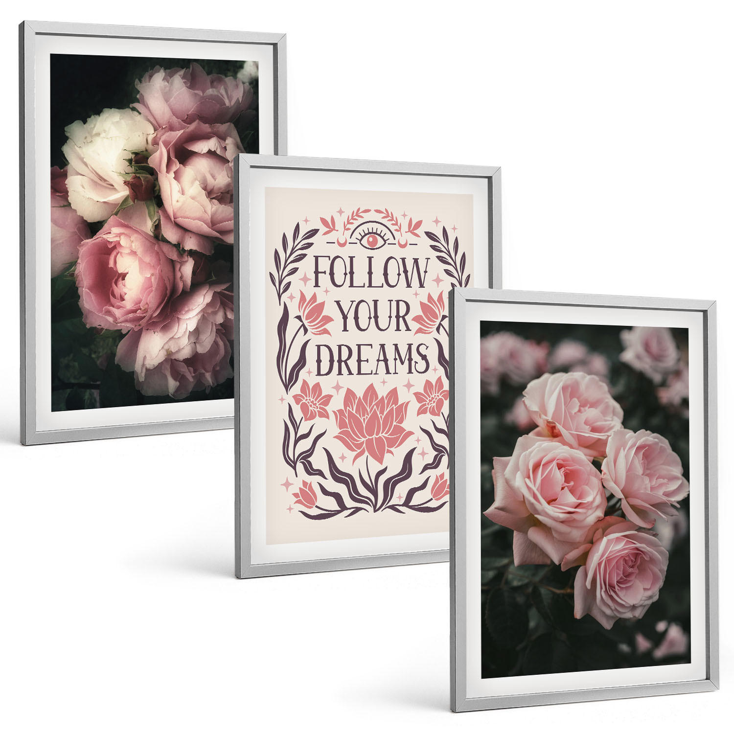 BILDER SET 3er Set - 40x60 cm Silberner Rahmen - Vintage-Rosenträume-Inschrift - Silberfarben, Kunststoff (40/60cm) - TULUP