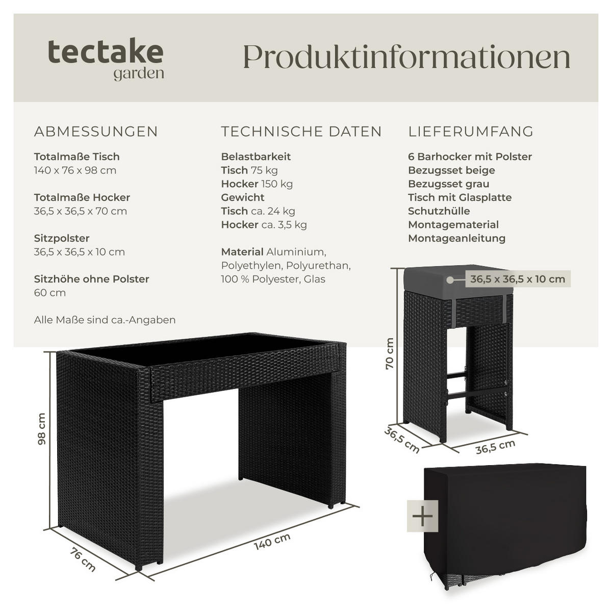 RATTAN BARSET Ibiza,2 Bezugssets,schwarz - Schwarz, Kunststoff - tectake