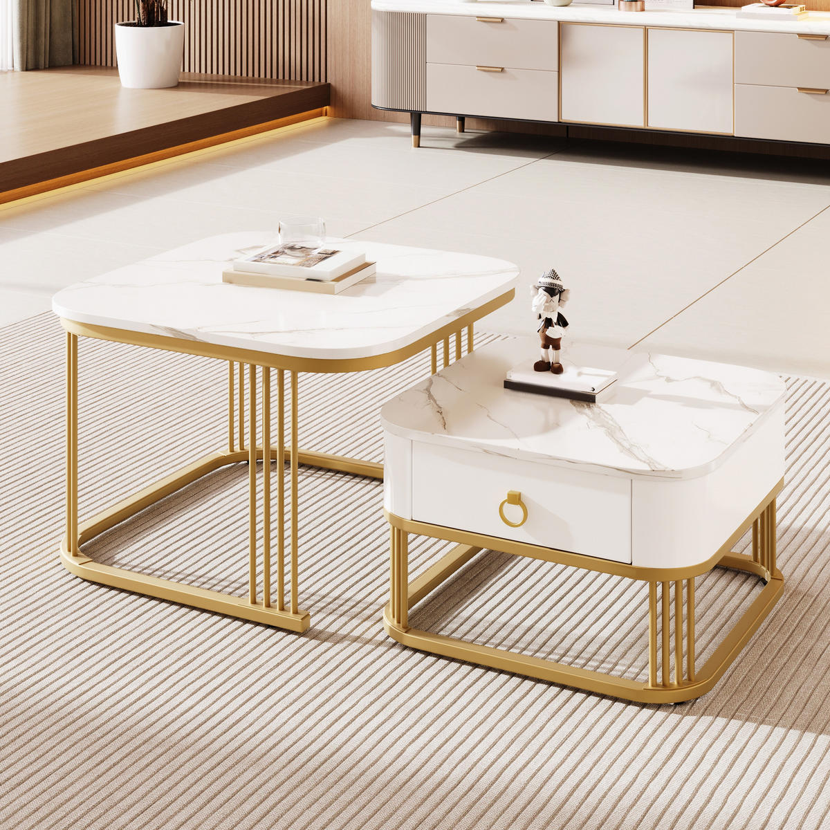 COUCHTISCH-SET in Weiß mit Schubladen und goldenen Beinen für Wohnzimmer, B60/T60/H45 cm - Goldfarben/Weiß, Holzwerkstoff (60/60/45cm) - STILVORA