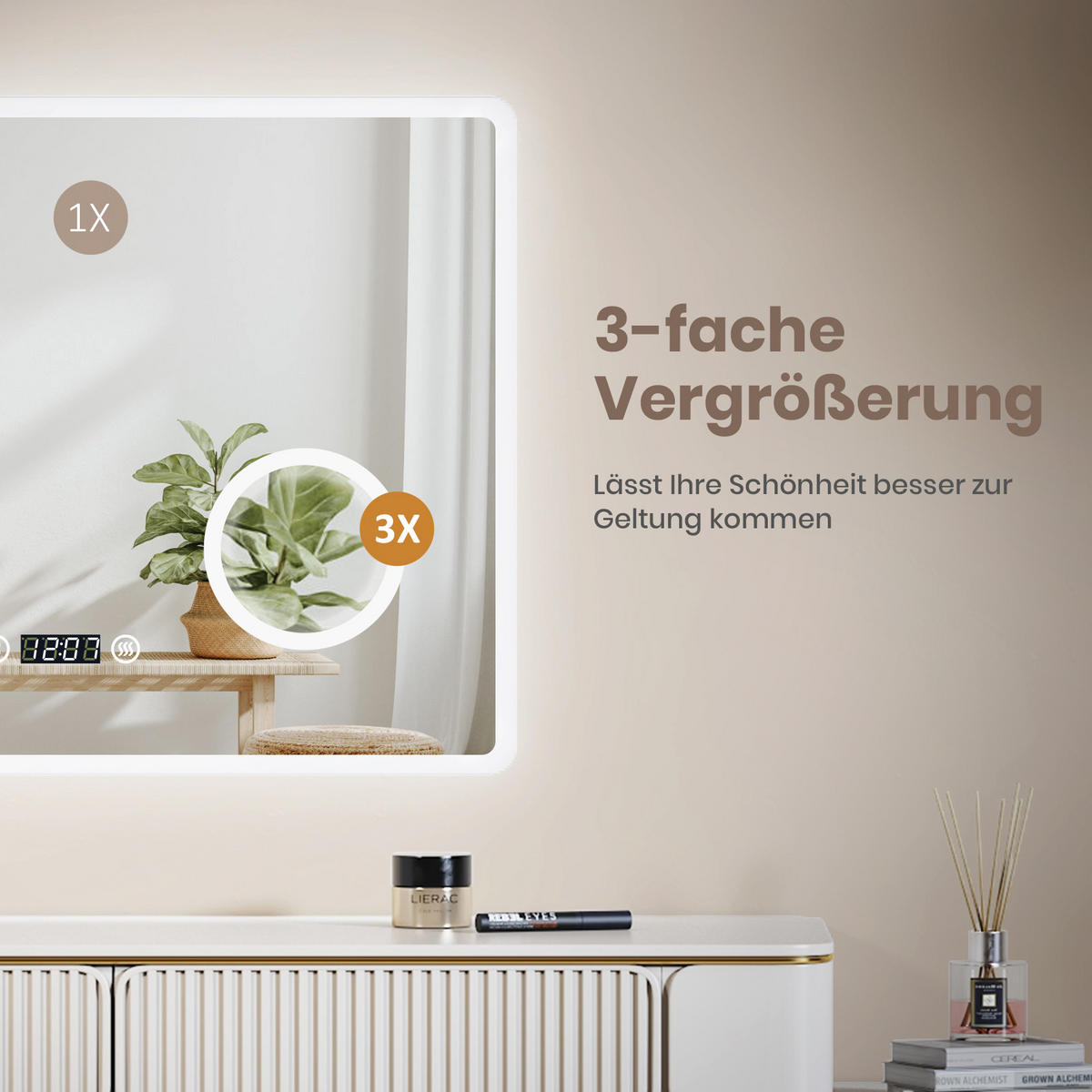 BADSPIEGEL mit Zeitanzeige Beleuchtung mit Integriertem Schminkspiegel 80/60 cm - Weiß, Glas (60/3.5/80cm) - EMKE