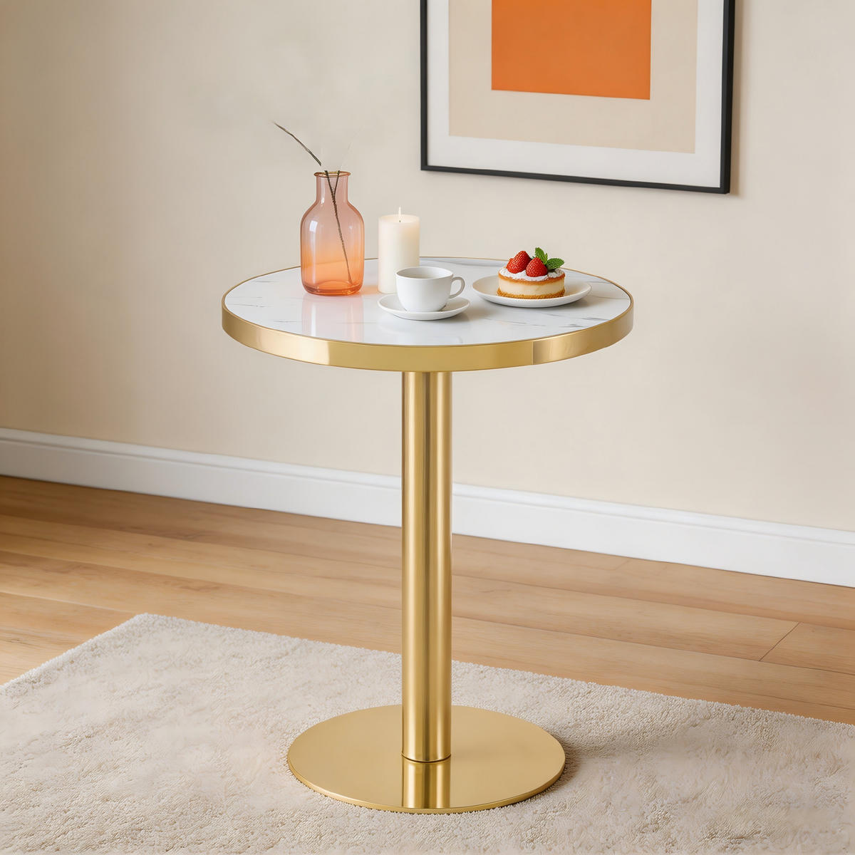 COUCHTISCH Beistelltisch rund mit Marmoroptik und Gold Edelstahlfuß, UV Beschichtung, kompakt Wohnzimmer Büro modern - Goldfarben/Weiß, Holzwerkstoff/Metall (60/60/74cm) - EVRYAE