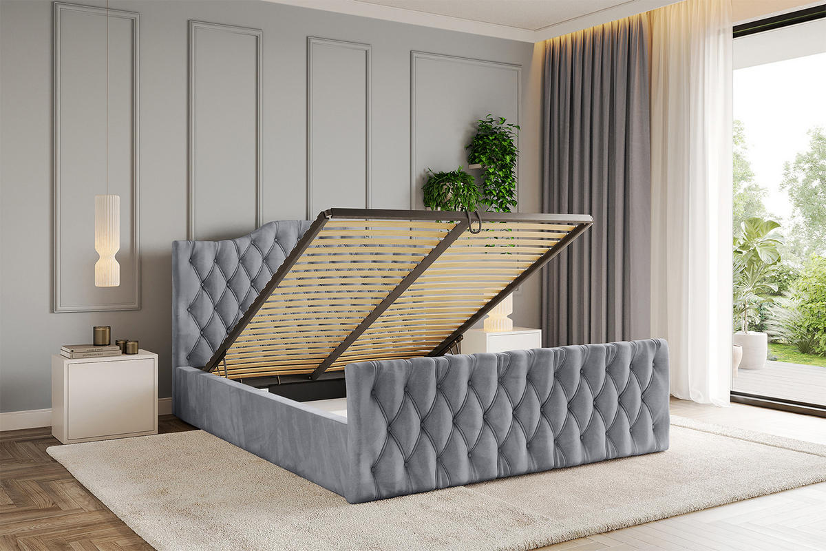 POLSTERBETT mit Bettkasten, Fußteil und Lattenrost, Boxbett mit Matratze H3/H4 - FALIO-Z 180x200 Hellgrau - Hellgrau, Holzwerkstoff/Textil (180/200cm) - ALTDECOR
