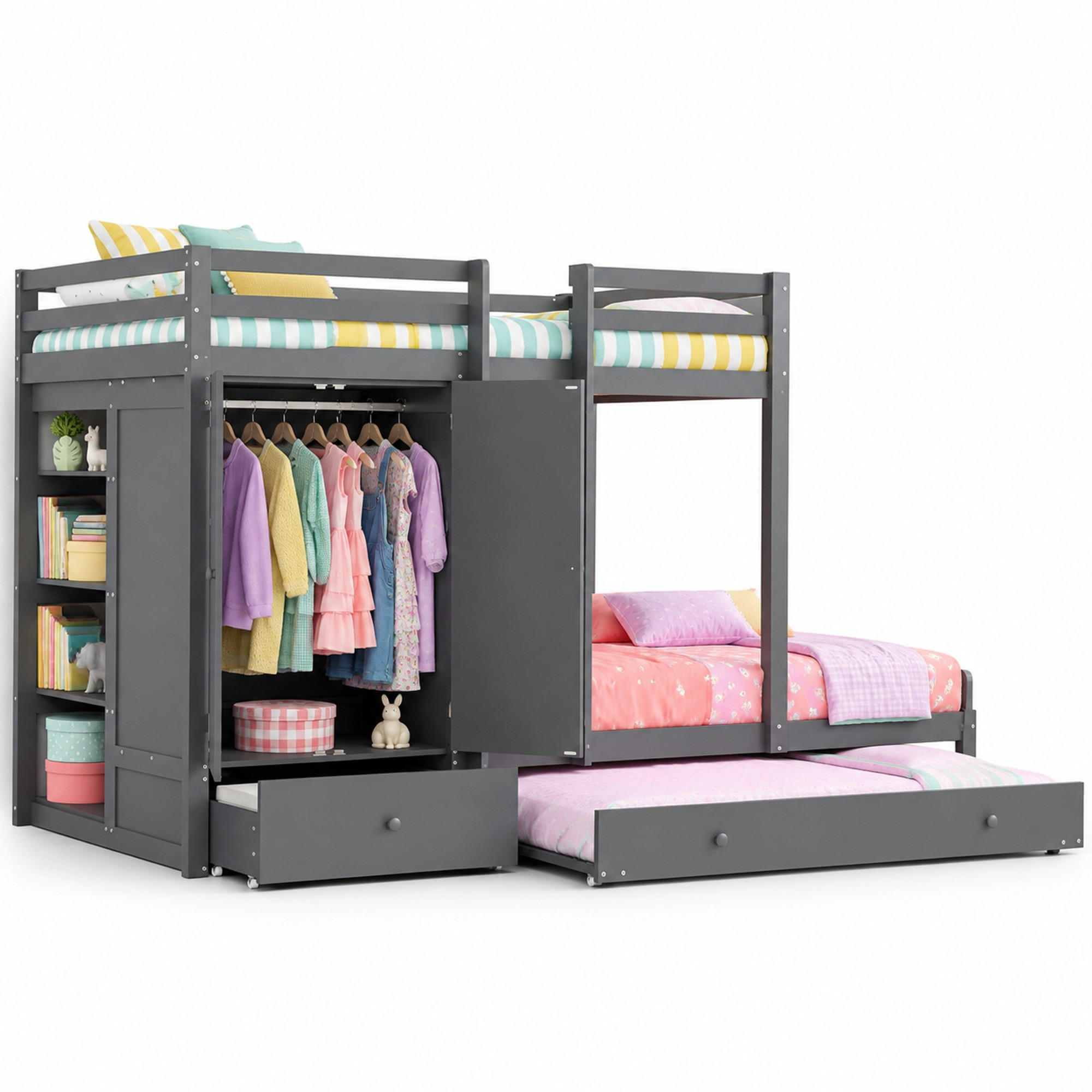 ETAGENBETT mit Ausziehbett und Kleiderschrank 90x200 cm Grau - Grau, Holzwerkstoff (90/200cm) - Beauniv