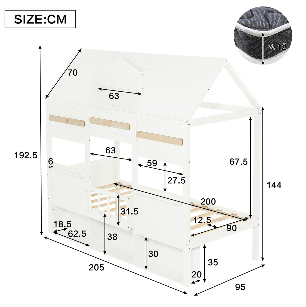 HOCHBETT 90/200 cm in Weiß mit Bücherregal und hausförmigem Design - Weiß, Holz (90/200cm) - Flora Grace