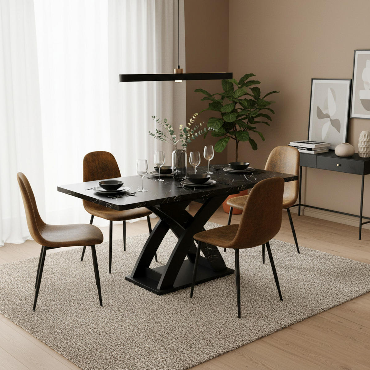 TISCHGRUPPE 5-teilig Ausziehtisch in Marmoroptik & 4 Polsterstühle im Vintage-Look - Schwarz, Holzwerkstoff/Textil (160/75/80cm) - Urban Meuble