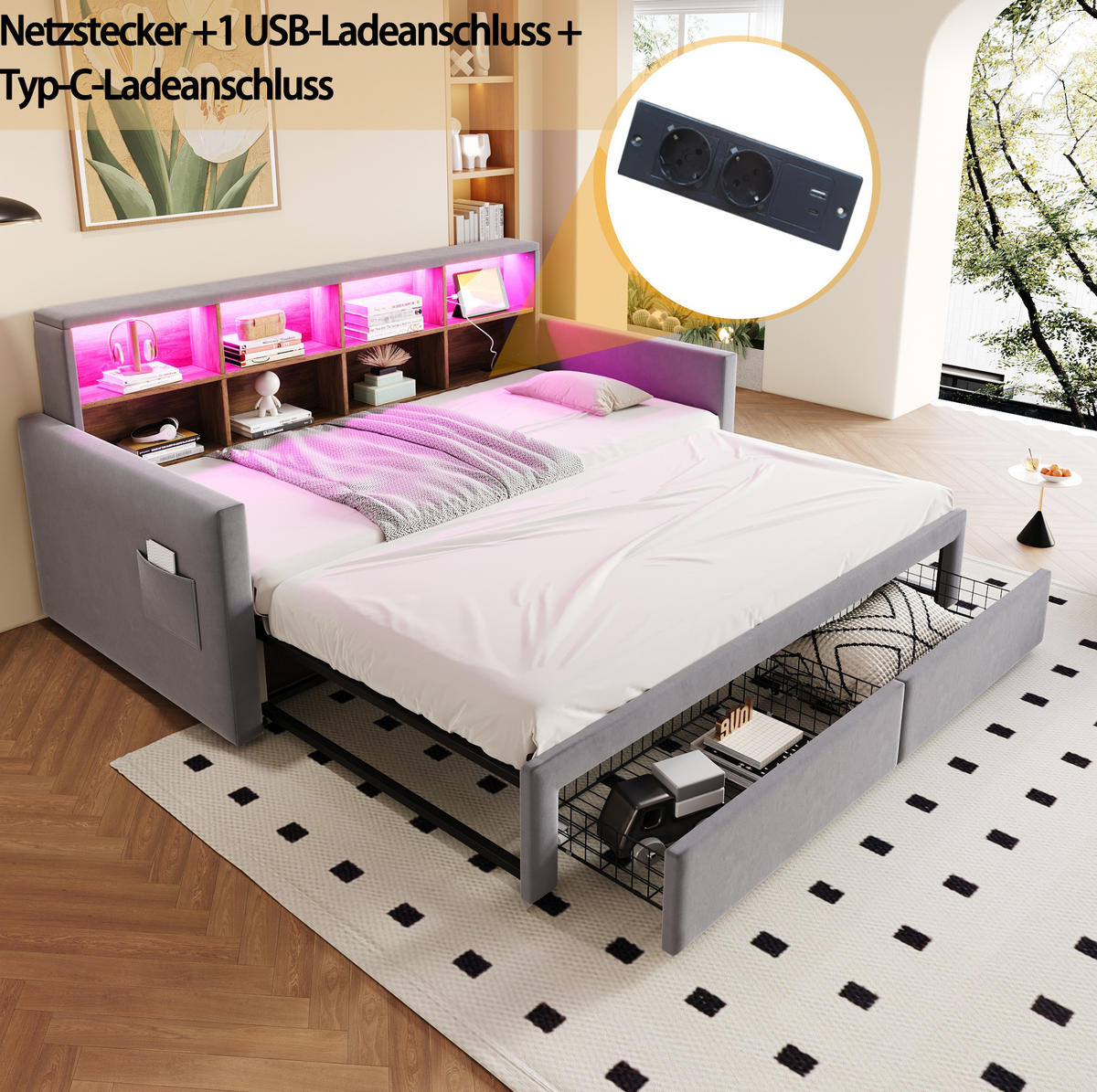 ČALOUNĚNÁ postel na spaní ze sametu, 90/190 cm světle šedá, rozkládací s LED a zásuvkami - světle šedá, textil (90/190cm) - BEAOK