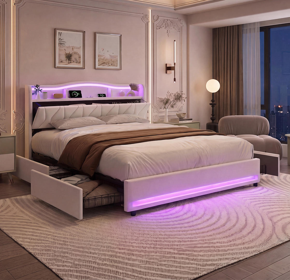 POLSTERBETT 140/200 cm Beige,Bett mit Stauraum, LED-Beleuchtung,USB und Type-C - Beige, Holz/Metall (140/200cm) - FURNISHINGS HOME