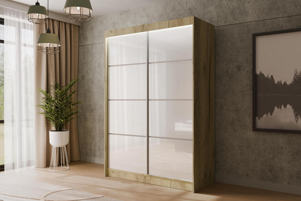 KLEIDERSCHRANK PEKA III mit LED - 150 cm - Braun|Weiß - Braun/Weiß, Holzwerkstoff (150/215/61cm) - ALTDECOR