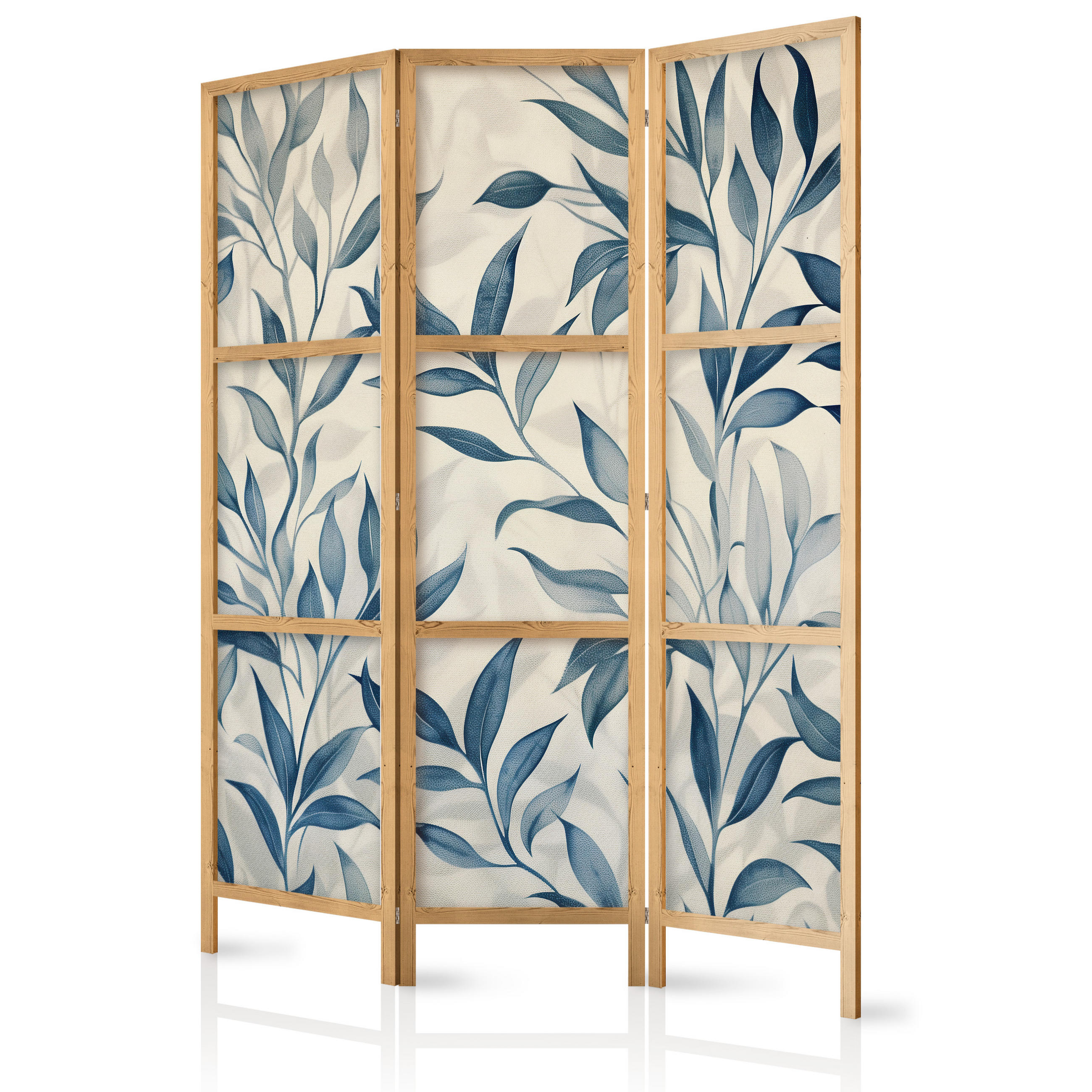 PARAVENT Japanischer 3-tlg 135x172 cm Blaue Bl tter - Blau, Holz/Textil (135/172/3cm) - Muralo