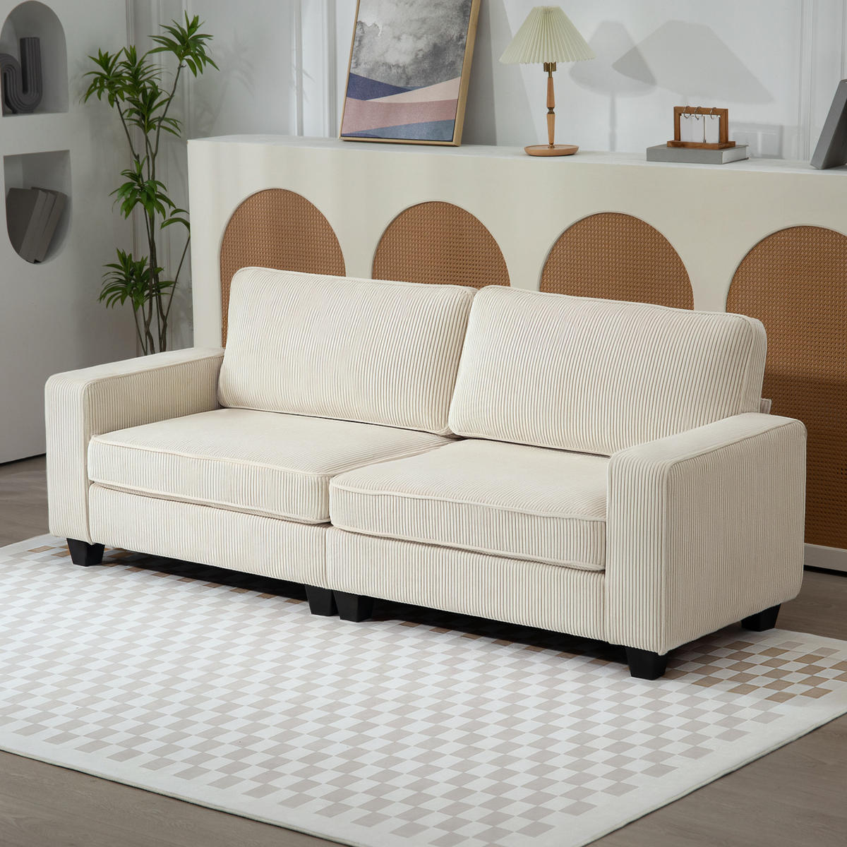 3-SITZER Sofa mit Cordbezug, Wohnzimmersofa mit Federkern, bis 400 kg, Cremeweiß - Creme/Schwarz, Kunststoff/Textil (84/87/227cm) - HOMCOM