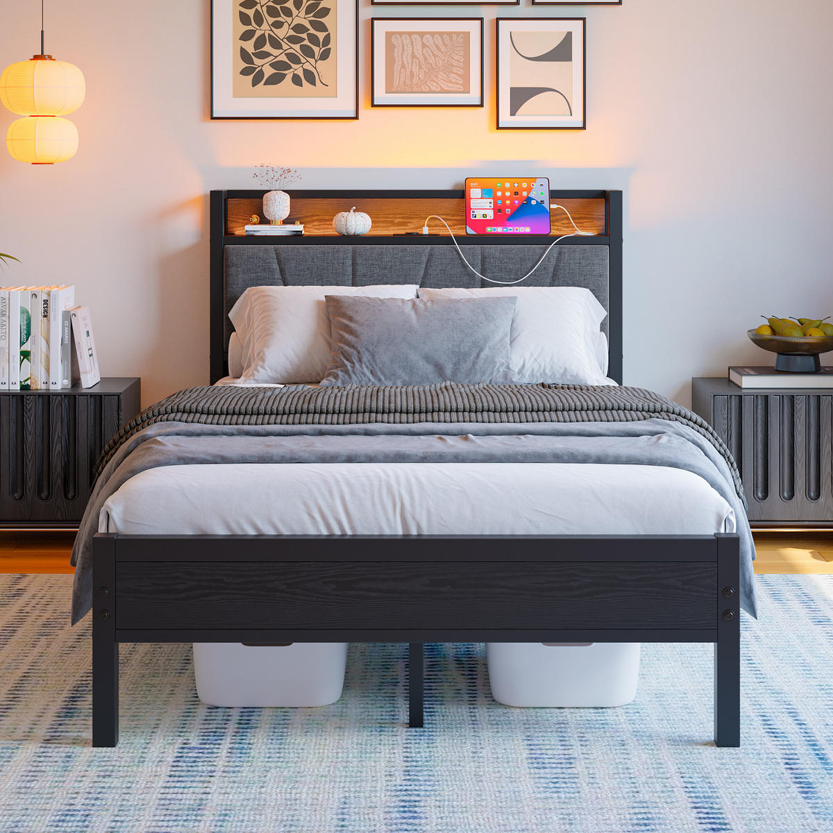METALLBETT 120/200 cm in Schwarz mit LED, USB und Ablage - Schwarz, Holzwerkstoff/Metall (120/200cm) - WISHDOR