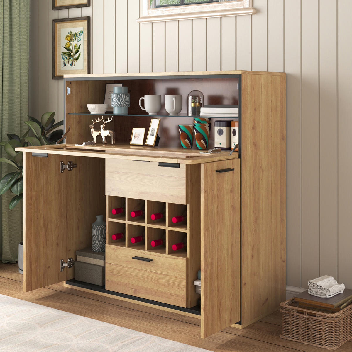 SIDEBOARD 110/38/111 cm in Natur/Schwarz mit Weinregalen und LED-Beleuchtung - Naturfarben, Holzwerkstoff (110/111/38cm) - Flora Grace