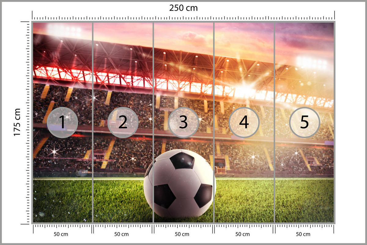 FOTOTAPETE für Jugendzimmer Fußballstadion Nachtlich Lichter Tribünen 250x175 - Gelb/Rot, Papier (250/175cm) - Muralo