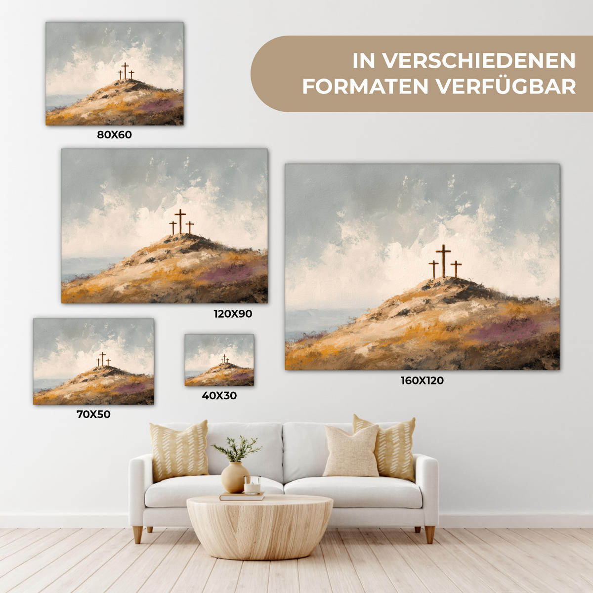 LEINWANDBILD Hügel - Abstrakt - Christentum - Kreuz Wandbild 40x30 cm - Hellgrau, Textil (40/30cm) - MuchoWow