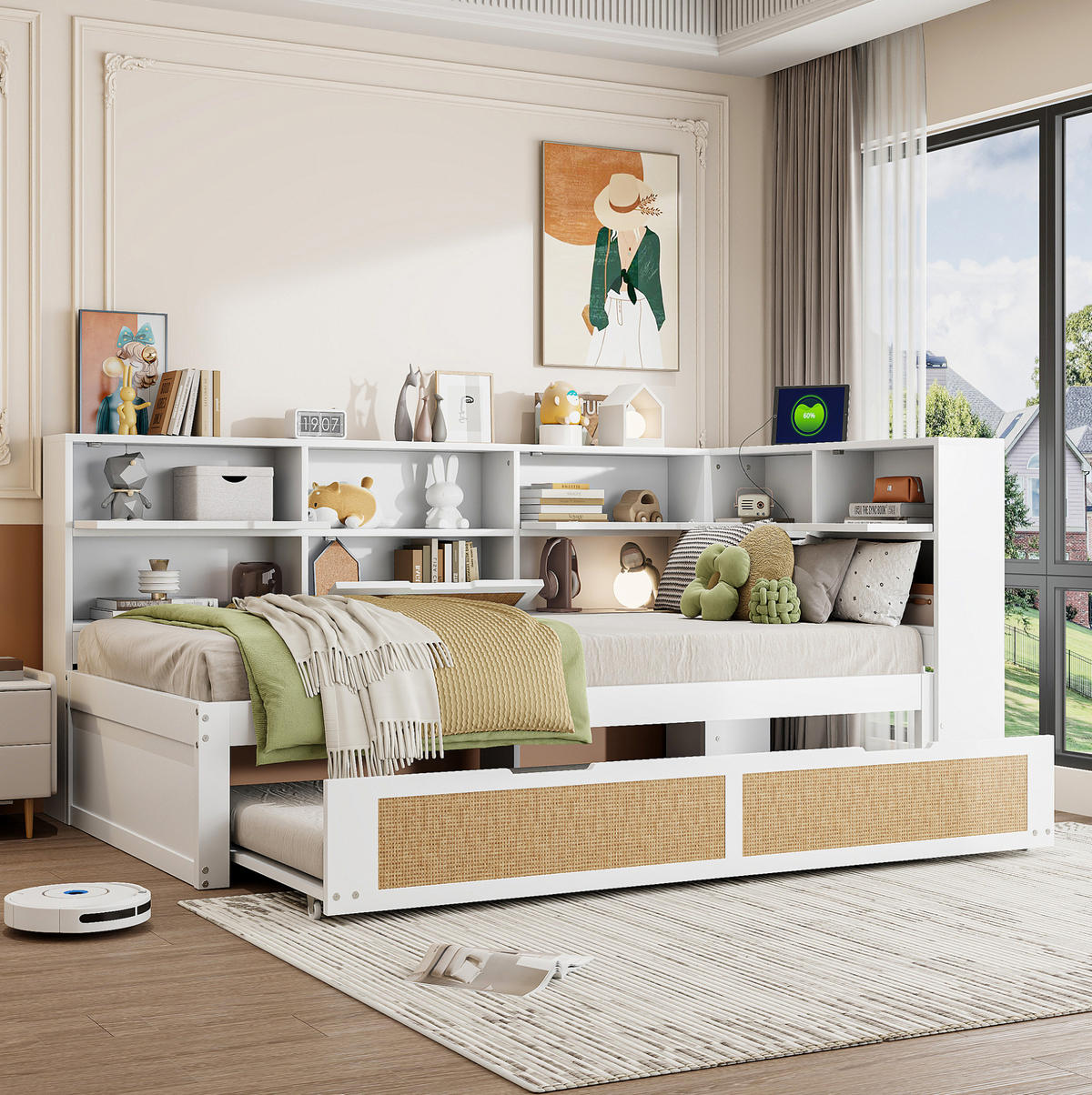 AUSZIEHBETT 90/200 cm Weiß aus Holz mit Stauraum und USB-Anschluss - Weiß, Holz (90/200cm) - Flora Grace