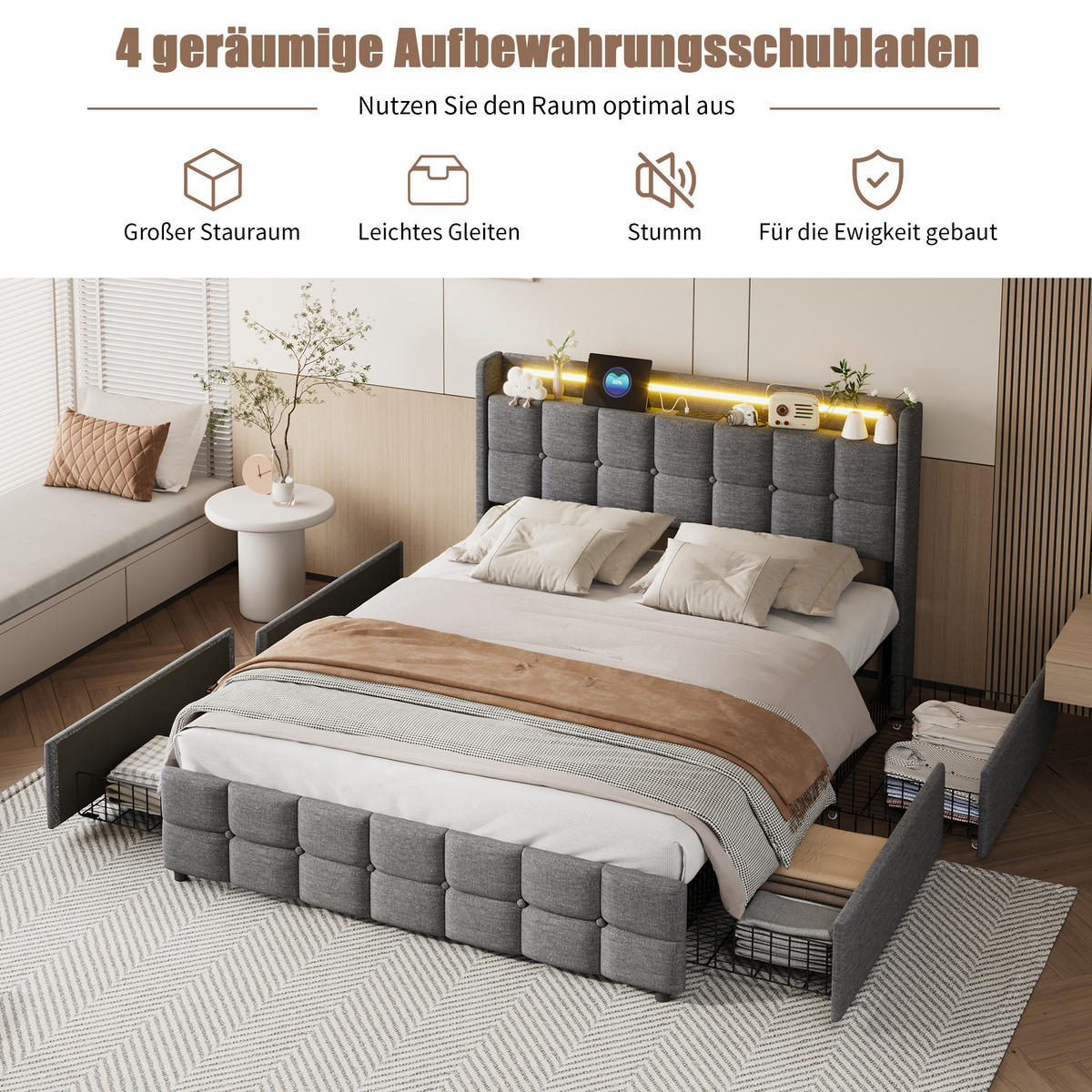 POLSTERBETT 160/200 cm, Grau, mit Lattenrost und Schubladen, ohne Matratze - Naturfarben/Grau, Holz/Metall (160/200cm) - FURNISHINGS HOME
