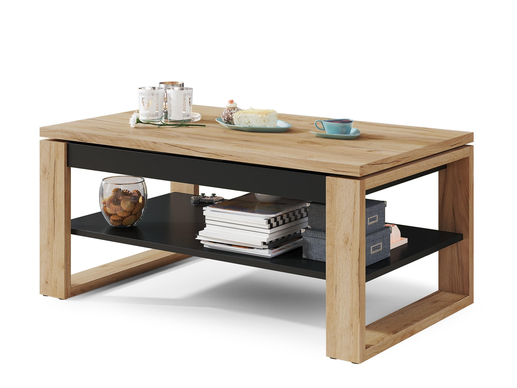 designimpex Couchtisch Schwarz, Eiche Wotan 110x50x65 cm