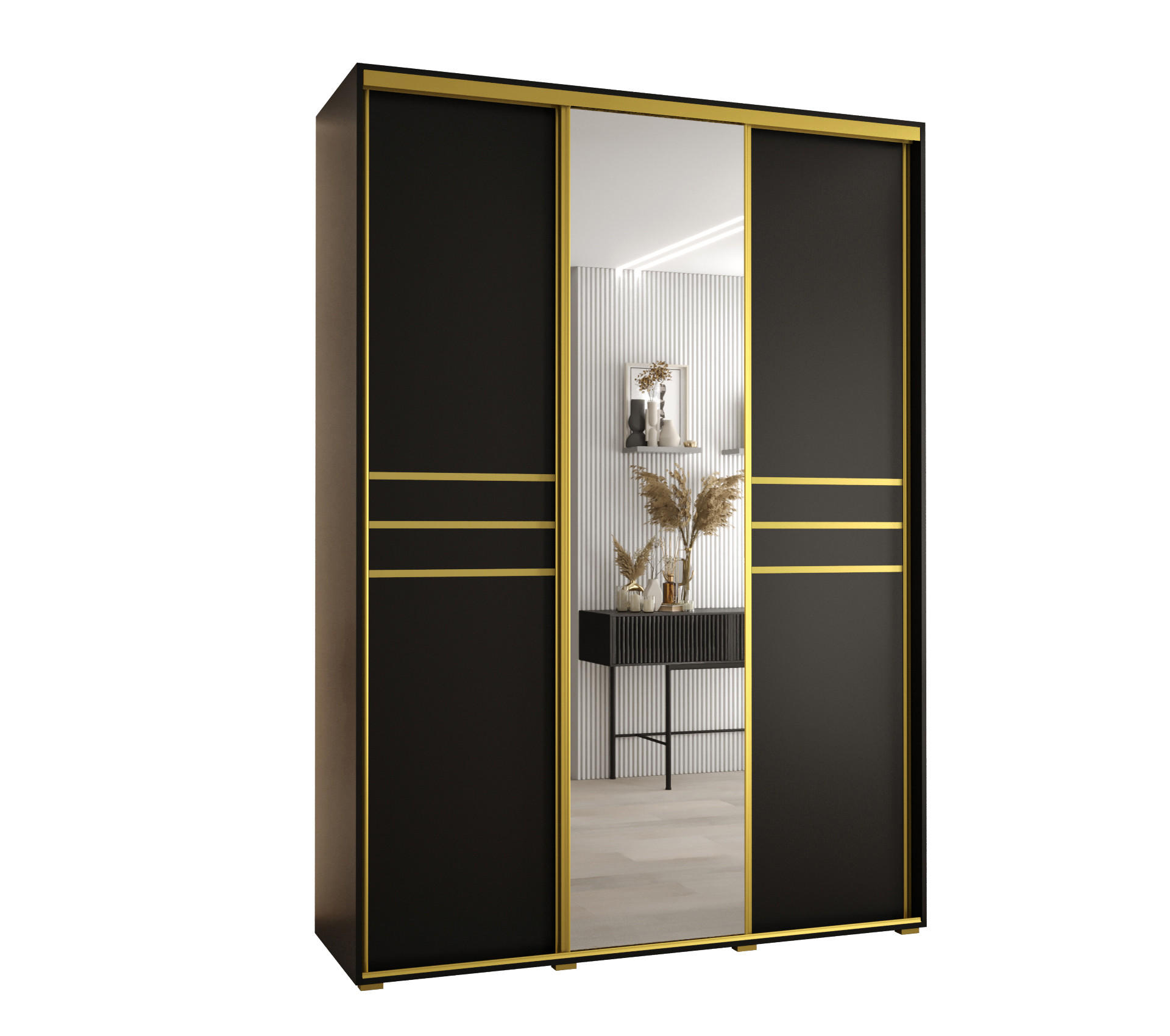 Abiks Möbel Schwebetürenschrank Schwarz, Schwarz, Gold 170x235x60 cm