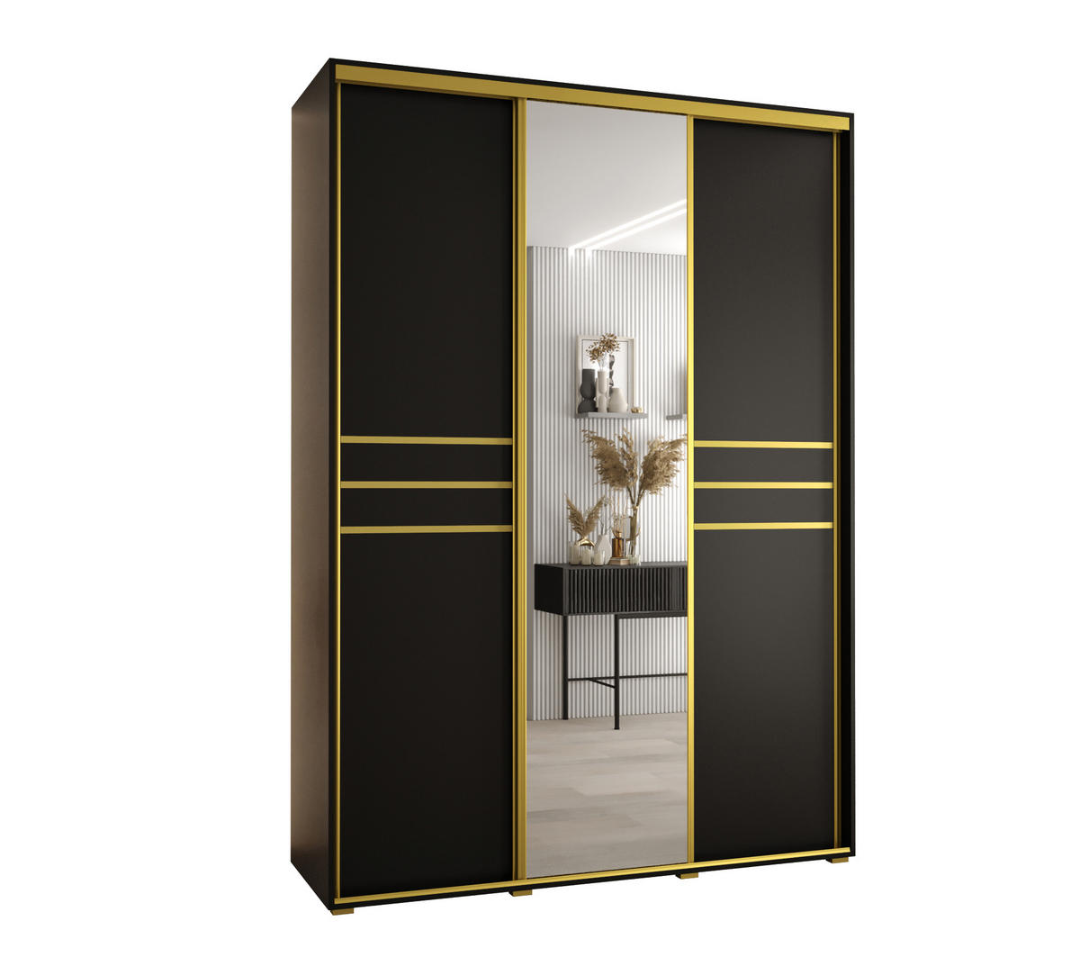 SCHWEBETÜRENSCHRANK 235,2/180/60 3-türig - Goldfarben/Schwarz, Holz/Metall (180/235/60cm) - Abiks Möbel