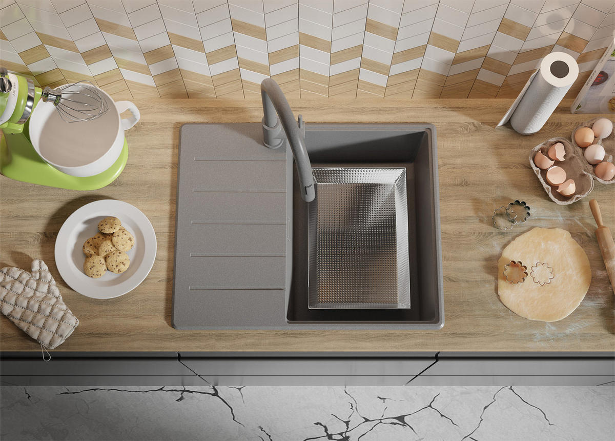 SPÜLBECKEN Kopenhagen, 2-er set Grau 62/50 cm 1 Becken + Ablauf-Set + Schneidebrett ab 45er Unterschrank - Beige/Grau, Kunststoff (62/20/50cm) - Primagran