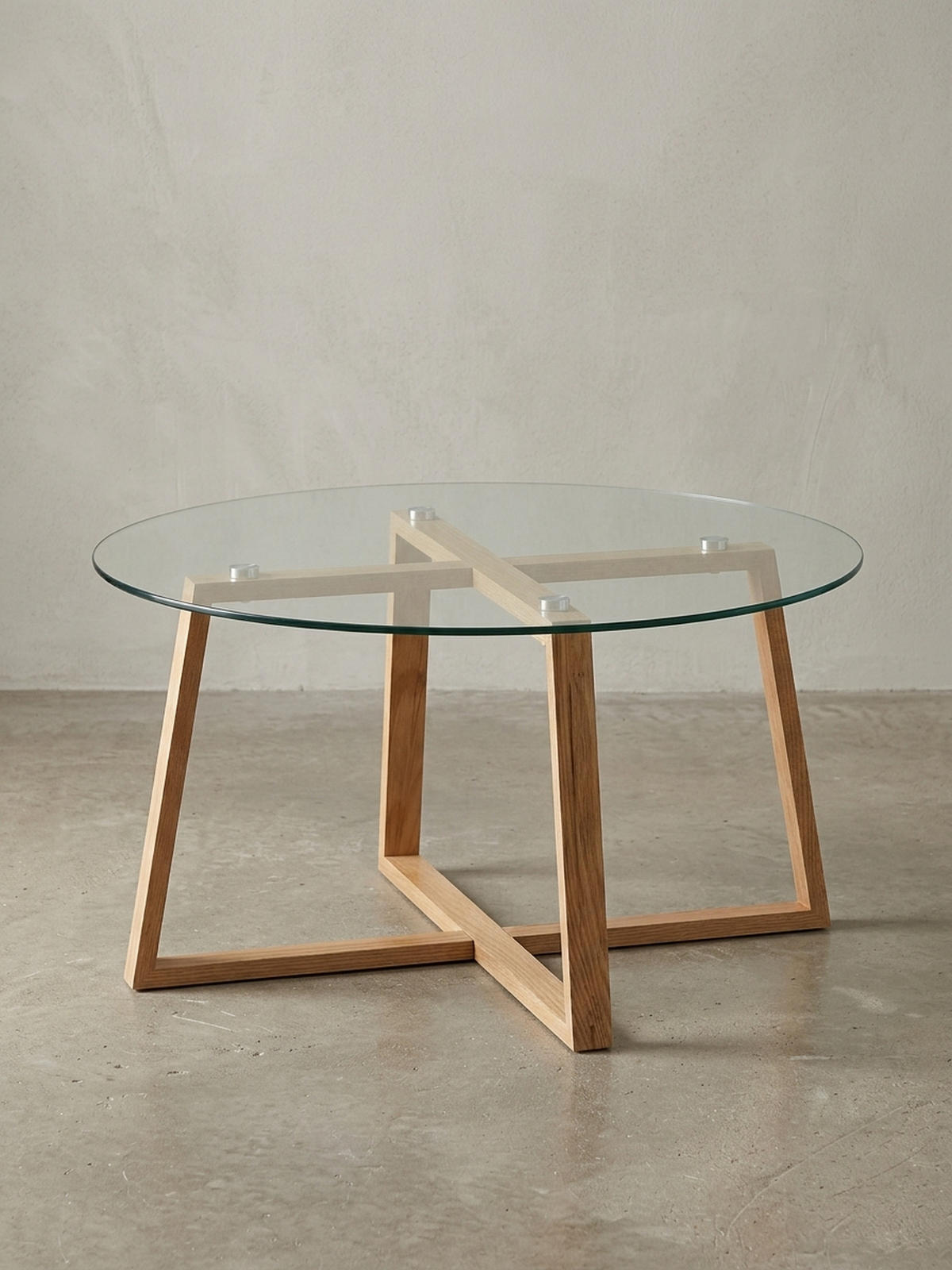 COUCHTISCH in Eiche mit transparenter Glasplatte und überkreuztem Gestell, modernes Design - Beige/Braun, Glas/Eichenholz (78/78/41cm) - KADIMA DESIGN