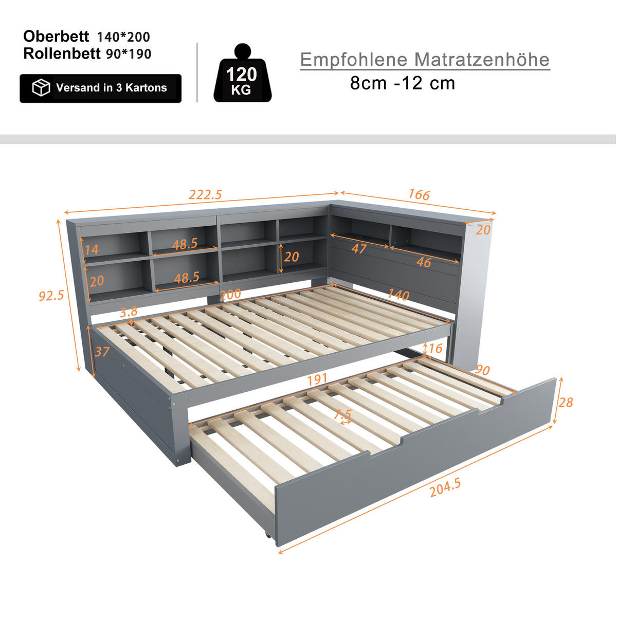 MULTIFUNKTIONSBETT 140/200 cm grau mit Ausziehbettund USB-Steckdose aus Massivholz - Grau, Holz (140/200cm) - OKWISH
