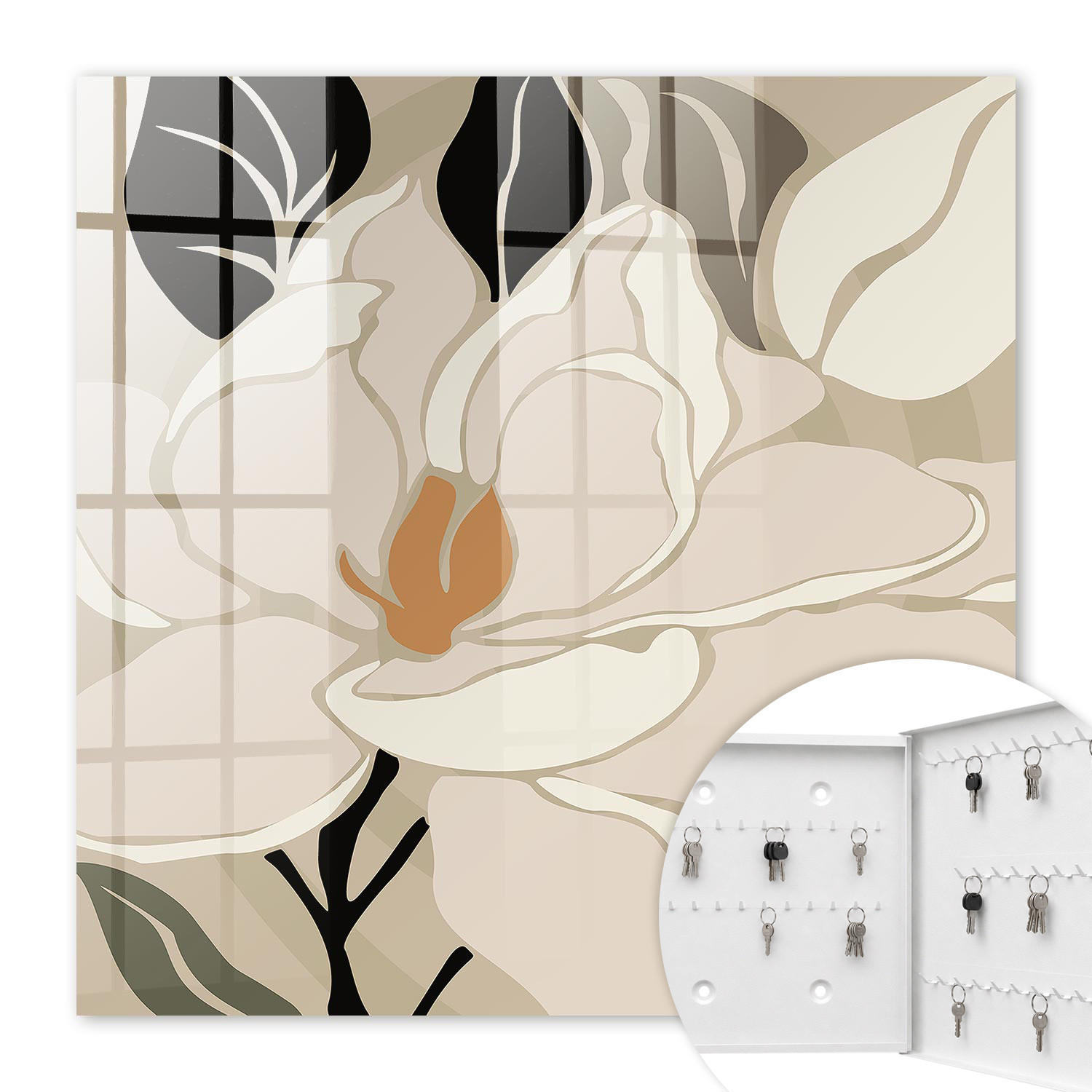 SCHLÜSSELBOX Weiß 30x30 cm – Türöffnung nach rechts - Pflanzeneleganz - Beige, Metall (30/30/5cm) - TULUP