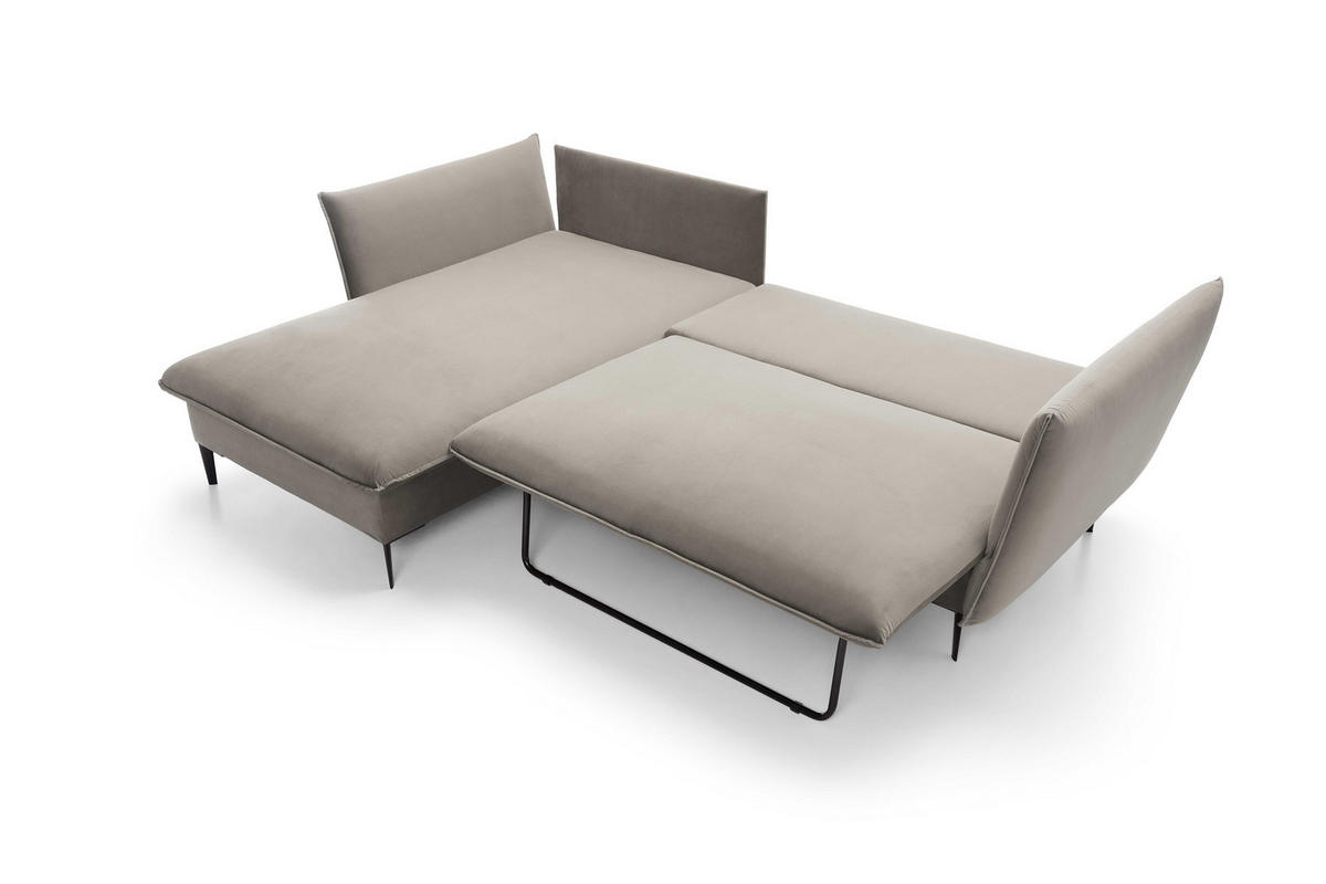 ECKSOFA GLOSS mit Schlaffunktion, Ottomane & goldenen Füßen – Samtsofa im GLOSSour-Stil mit Zierkissen, 258x167x91cm, Linke, GRÜN - Beige, Holz/Textil (167/258cm) - DomoHome