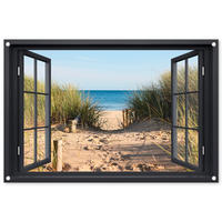 ZAHRADNÍ PLAKÁT Průhled - Pláž - Moře - Písek - Voda - Plážová tráva - Duny 90x60 cm - písková barva, plast (90/60/0.2cm) - OnlyWow