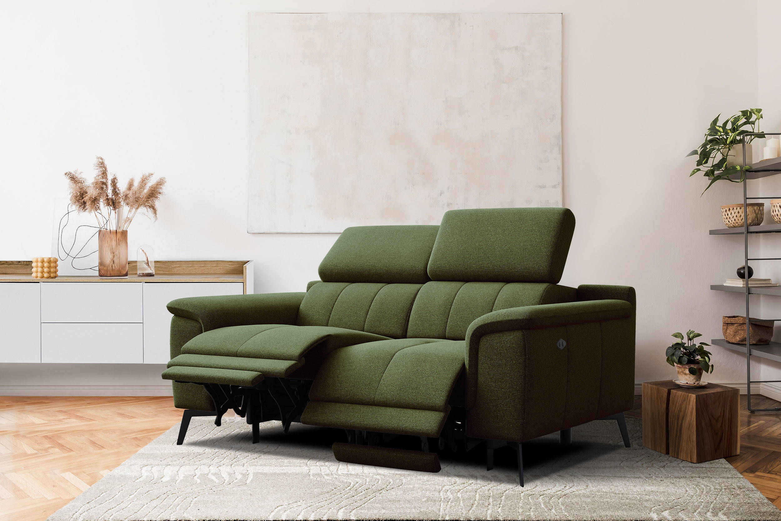 RELAXSOFA FIERO 2-Sitzer mit 2 Relaxfunktionen, olivgrün - Schwarz/Olivgrün, Holzwerkstoff/Textil (170/82/103cm) - Courtois Laville