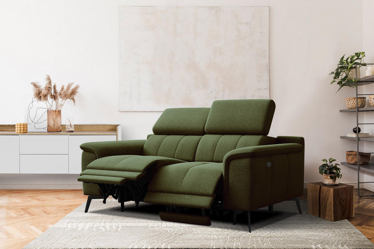 RELAXSOFA FIERO 2-Sitzer mit 2 Relaxfunktionen, olivgrün - Schwarz/Olivgrün, Holzwerkstoff/Textil (170/82/103cm) - Courtois Laville