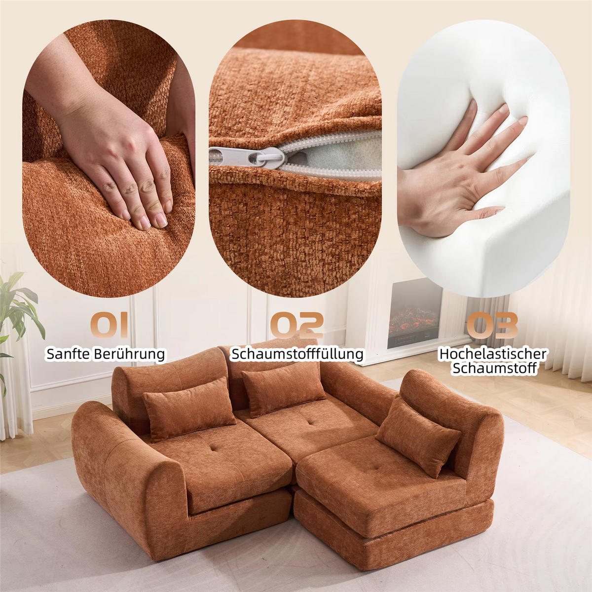 SCHLAFSOFA 3-Sitzer Chenille, Bequemes Kompressionssofa, Orange - Orange, Textil (262/78/97cm) - Kaket