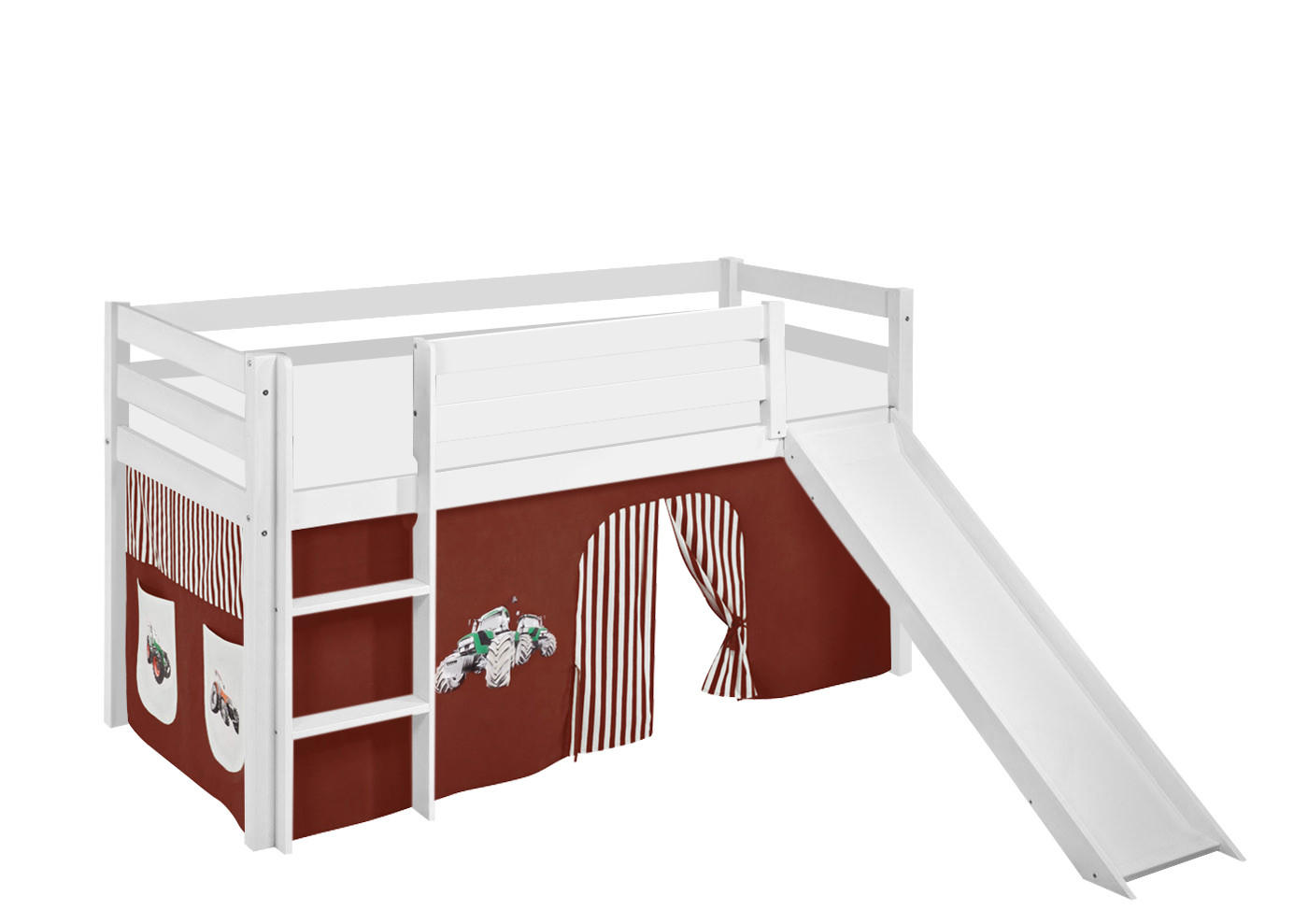 SPIELBETT JELLE Trecker Braun Beige - Hochbett - mit Rutsche und Vorhang - Weiß, Holz - Lilokids