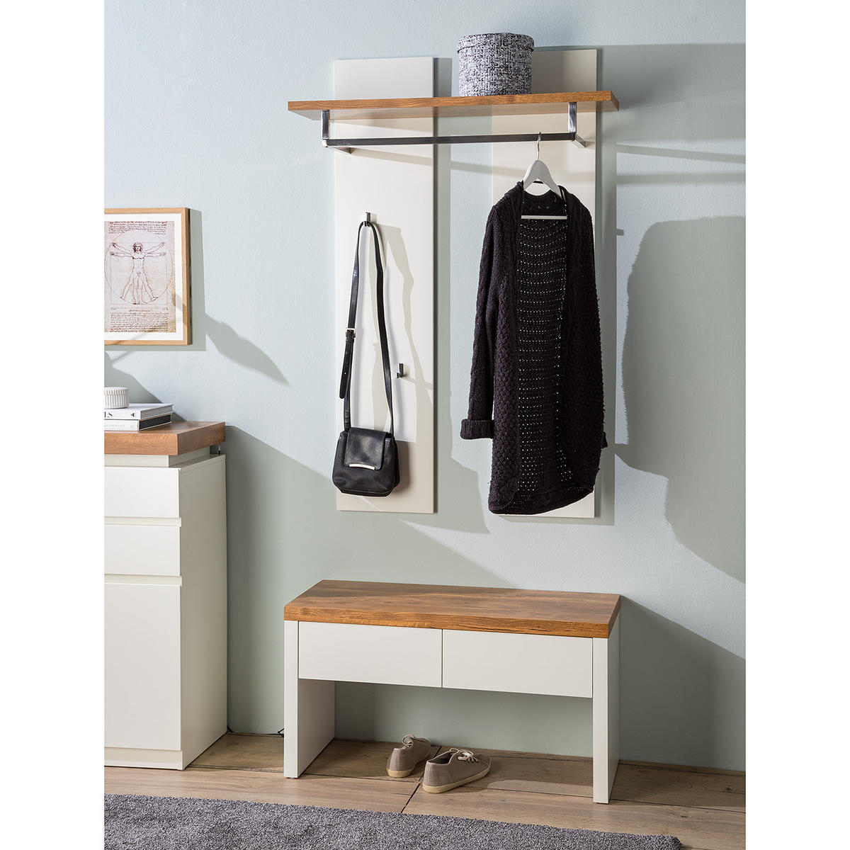 GARDEROBENBANK - Eichefarben/Weiß, Holzwerkstoff (91/48/38cm) - home24