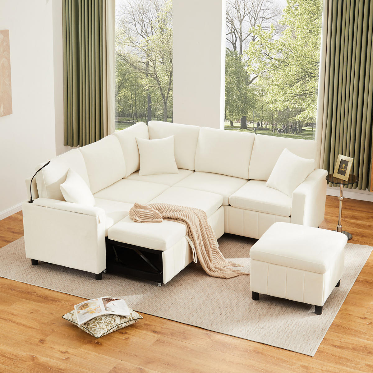 SITZGARNITUR Chenille Beige mit Schlaffunktion, USB, Type-C und Hocker - Beige, Holzwerkstoff/Kunststoff (205/85/205cm) - WISHDOR