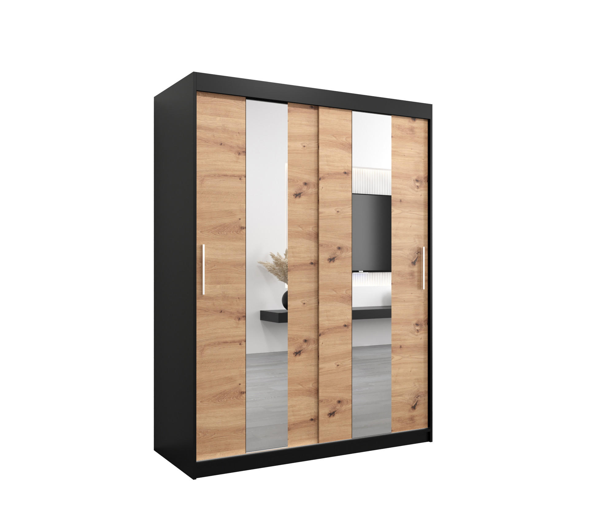 Abiks Möbel SCHWEBETÜRENSCHRANK Schwarz, Eiche Artisan 150cm × 62cm × 200cm